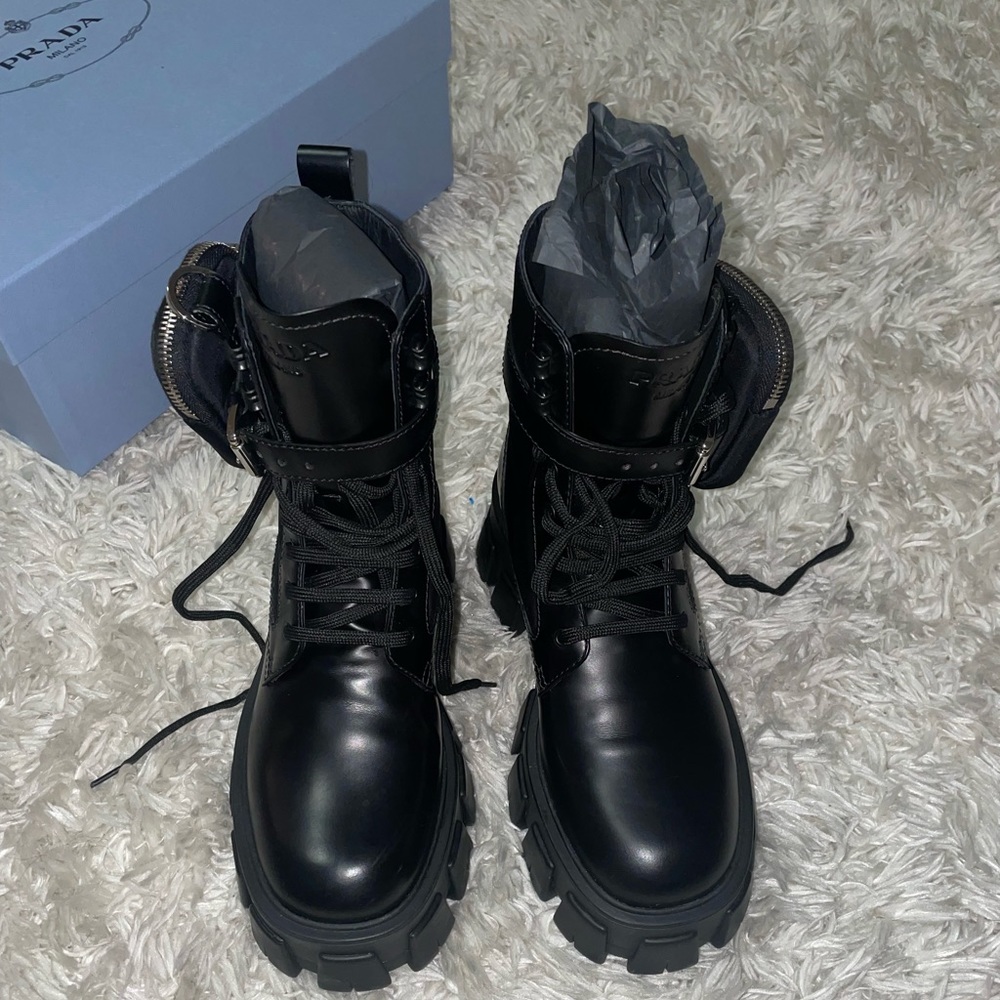 Prada women's Monolith Leather & Nylon Lug-Sole Combat Boots